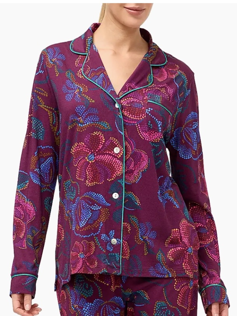 Johnny Was Carly Floral Print Dark Purple Pajama Top Button Down Size Large